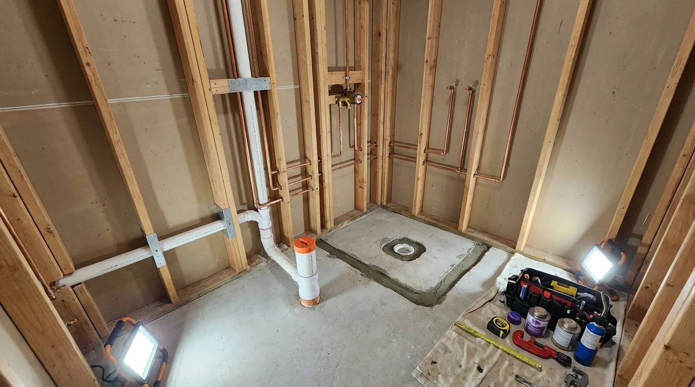Bathroom rough-in plumbing during remodel by Johns Plumbing LLC in Jefferson