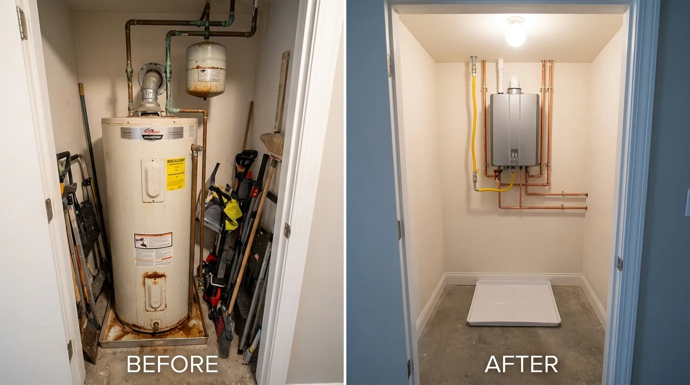Tank water heater versus wall-mounted tankless unit comparison for Jefferson, MD homeowners