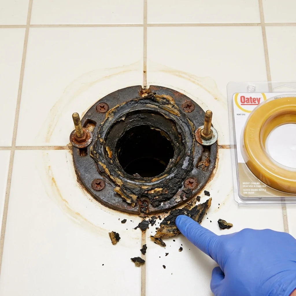 Failed wax ring showing water seepage at the base of a toilet in a Jefferson, MD home