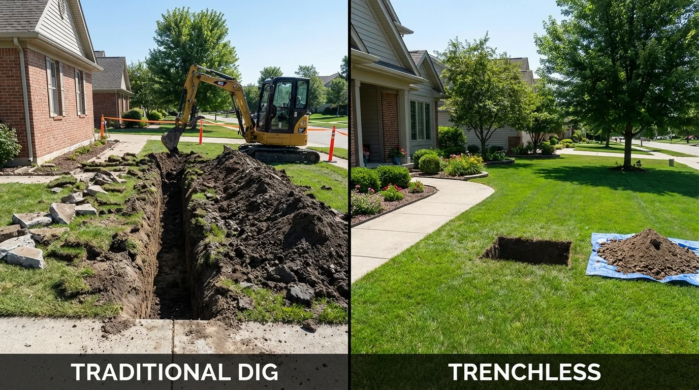 Trenchless sewer repair with minimal yard damage versus traditional excavation in Jefferson, MD