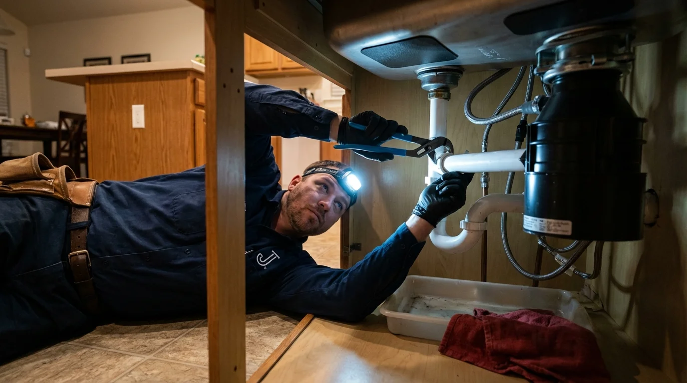 P-trap and supply line connections under a kitchen sink showing a common leak point in Jefferson, MD